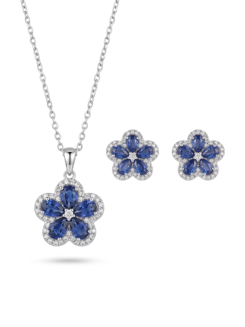 Silver Floral Necklace and Earrings Set with Sapphire Stone.